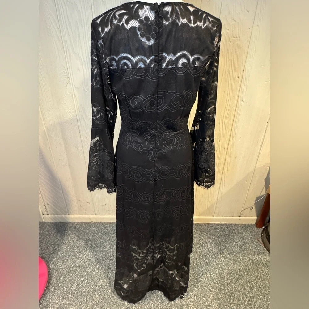 Morena Spain Black Lace High Low Dress with Wide Bell Sleeves, Size L - Picture 5 of 15